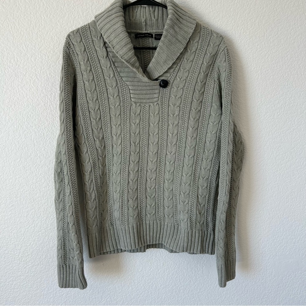 JEANNE PIERRE Sage Cable Knit  Academia 100% Cotton Large Shawl Collar Sweater